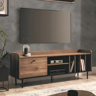 Produktbild von TV-Schrank Nero 150cm breite, Brauner TV-Lowboard, Retro-Stil HiFI-Schrank mit Metalbeine (Farbe: Brandy Castello)