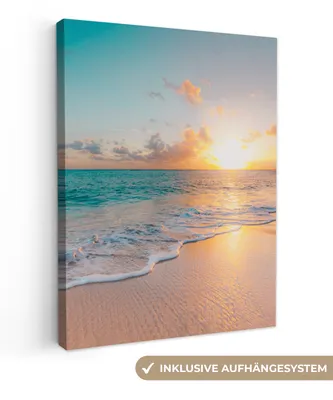 Obrázek produktu pro OneMillionCanvasses® - Obrazy na plátně - Západ slunce - Pláž - Moře - Léto - Modrá, nástěnné umění, nástěnné dekorace Obývací pokoj, 60x80cm