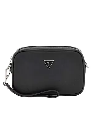 A black crossbody bag with a Guess logo is shown against a white background.