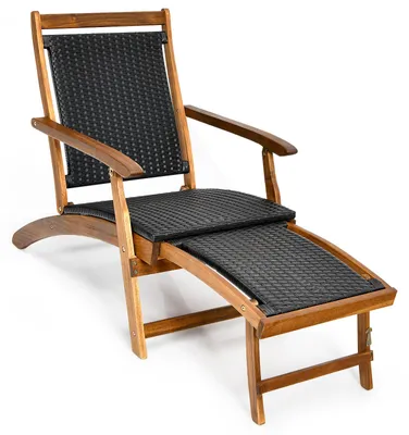 Image de Chaise longue pliable COSTWAY, chaise longue de jardin avec repose-pieds réglable, chaise longue résistante aux intempéries pouvant supporter jusqu'à 160 kg, chaise longue de détente en polyrotin et bois d'acacia
