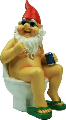 Produktbild von Geschenkestadl Gartenfigur, Frecher Nackter Zwerg auf der Toilette, aus rotem Polystein, mit Sonnenbrille, Badelatschen, roter Mütze und Bierdose, Breite 10,5cm x Höhe 25,5cm x Tiefe 15cm, Blickfang für Garten & Terrasse