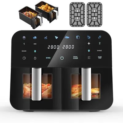 Produktbild von Heißluftfritteuse XXL doppel Airfryer 2600W / 9L (2x 4,5L Kammer) 8 Programme digitale Heißluft Fritteuse ohne Fett Öl Dual Luftfritteuse Air Friteuse