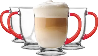 Produktbild von GLASMARK® Glasbecher 4-Set 400ml Große (max.440ml) 4 Stück mit Rot Henkel Kaffeegläser Teeglas mit Griff Cappuccino Latte Macchiato Gläser transparent