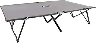 Image de Lit de camping pliable double, gris, en acier, avec un matelas en polyester 600D résistant à l'eau. Lit de camping XXL pour une utilisation en extérieur, dans le jardin, sur le balcon, à la plage ou au bord de la piscine. Capacité de charge jusqu'à 240 kg