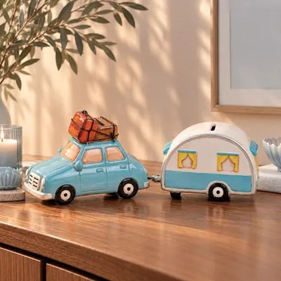 Produktbild von Große Spardosen Vintage Auto Caravan 2er je 15 cm mit Schlüssel