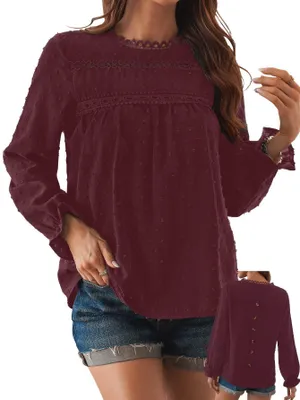 Produktbild von TUUHAW Tunika Damen Boho Bluse Langarmshirt Top Rundhals Burgunder M
