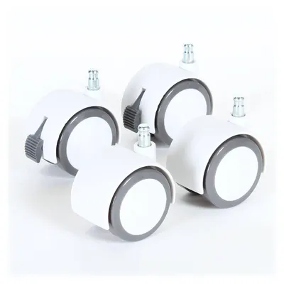 A set of four white casters with gray accents on a white background.