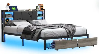 Image de Lit double Moonbite 160x200 cm, structure en métal noir avec éclairage LED et ports USB, tête de lit avec espace de rangement et 2 tiroirs, sommier à lattes en bois, capacité jusqu'à 300 kg