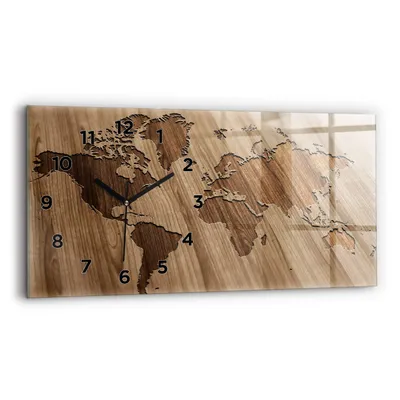 Produktbild von Wallfluent Wanduhr – Stilles Quarzuhrwerk - Uhr Dekoration Wohnzimmer Schlafzimmer Küche - Zifferblatt - schwarze Zeiger - 60x30 cm - Weltkarte auf Holz