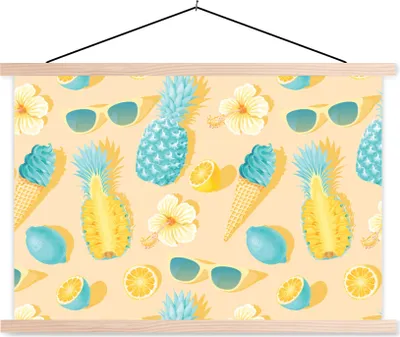 Produktbild von MuchoWow® Textilposter Sommer - Muster - Gelb 120x80 cm mit holzfarbenen Rahmen - Aufhängeset