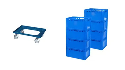 Produktbild von 8 Stück E3-Kasten blau + 1 Transportroller Typ C blau