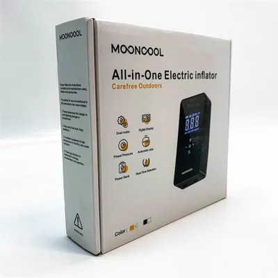 The image shows the retail packaging of an electric air pump.