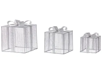Produktbild von BELIANI Outdoor LED Weihnachtsbeleuchtung 3er Set Silber Metall in Geschenkform Batteriebetrieben zum Aufstellen für Außen Deko Adventsdekoration