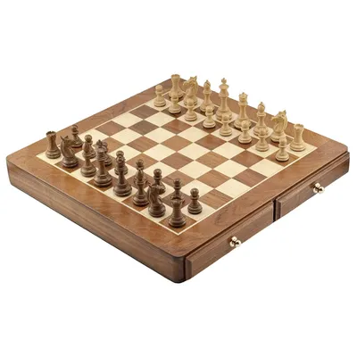 Productafbeelding van Exclusieve schaakset – Palisander schaakstukken van premium kwaliteit, 8,5 cm hoog, en een Italfama schaakkast met 2 lades en individuele vakken, afmetingen 46x46 cm