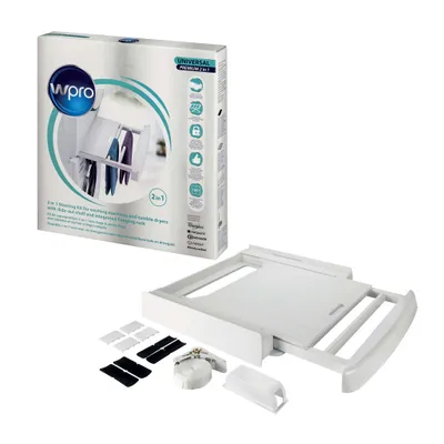 A product box and its contents, including a washing machine stacking kit.