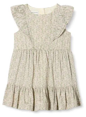 Productafbeelding van A. Essentials meisjesjurk met ruches, beige met bloemenprint, maat 4 jaar