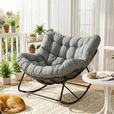 Immagine prodotto di Poltrona a dondolo in rattan - Poltrona relax a forma di uovo - Poltrona relax di grandi dimensioni - Struttura in metallo - Adatta per soggiorno, balcone, giardino - Senza cuscini - Grigio scuro