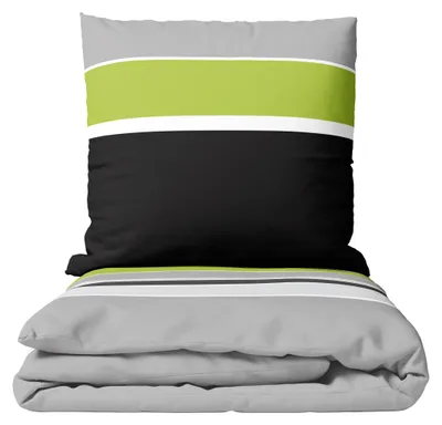 Produktbild von Baumwolle Bettwäsche Set 135x200 cm 80x80 cm Grau Grün Gestreift mit Reißverschluss