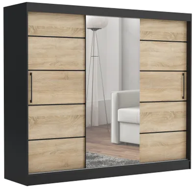 Produktbild von Schwebetürenschrank TOMY, 2-türig Schrank, Schwarz / Sonoma Eiche, 235 cm Kleiderschrank mit 4 Schubladen, Spiegel, Kleiderstangen und Regalen