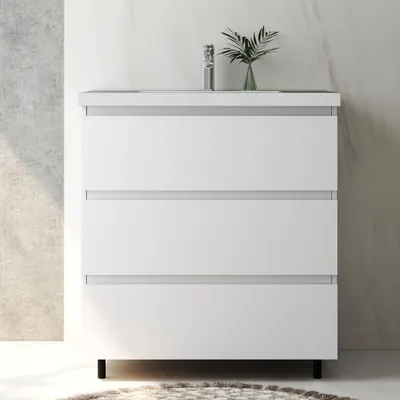 Produktbild von Badmöbel Set 80 cm Alast Weiß Waschbecken mit Unterschrank Hängeschrank mit Schrankfüße Softclose