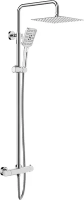 A shower system with a rain shower head and a handheld shower head, mounted on a wall.