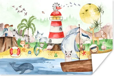 Produktbild von MuchoWow® Poster Strand - Tiere - Kinder - Leuchtturm - Jungen 180x120 cm - Fotoplakat