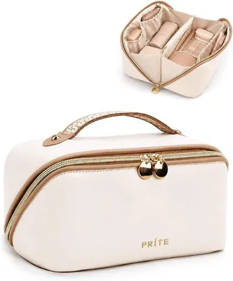 Produktbild von Große Kosmetiktasche, tragbare Reise-Make-up-Tasche, wasserdichte Kosmetiktasche aus Kunstleder mit transparenten Fächern und Tragegriff, Beige, Größe M