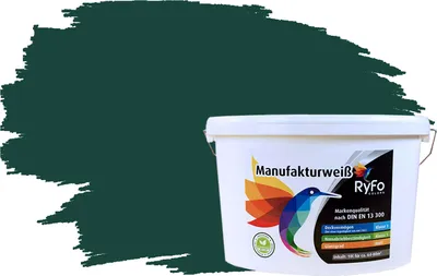 Produktbild von RyFo Colors Bunte Wandfarbe Manufakturweiß Dschungelgrün 10l  - weitere Grün Farbtöne und Größen erhältlich, Deckkraft Klasse 1, Nassabrieb Klasse 1