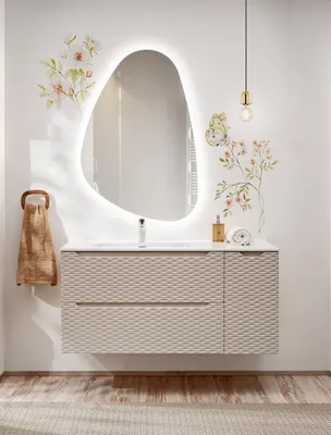 Productafbeelding van Badmeubelset 3-delig, badkamerinrichting LAXY, eikenhout, beige, met plank aan de rechterkant, inclusief wastafel