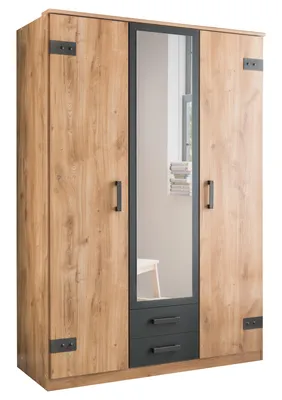 Produktbild von Kleiderschrank Cork in Plankeneiche mit Grafit – Drehtürenschrank mit Spiegel in Breite 135cm