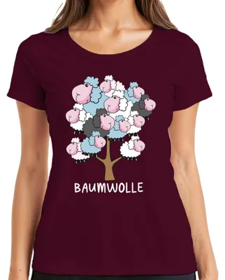 Produktbild von Baumwolle Schafbaum Cartoon Baumwollbaum Schafe Bauernhof Humor Damen T-Shirt, Burgundy, M