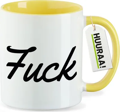 Produktbild von Huuraa Kaffeetasse Fuck englisch Schriftzug 330ml Gelb Keramik Kaffeebecher Geschenkidee