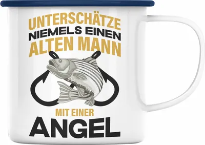 Produktbild von Trendation - Angler Emaille Tasse Geschenk Männer Sprüche Lustig für Fischer Geschenkidee Angeln Becher (Blau)