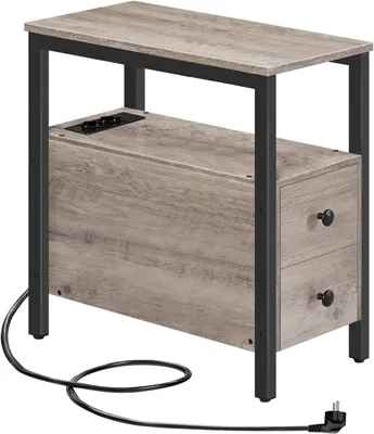 Produktbild von Beistelltisch mit Steckdosenleiste,Schmaler Nachttisch mit 2 Schubladen,Sofatisch,Nachtschrank für kleine Räume,Wohnzimmer, Schlafzimmer 60x30x61cm