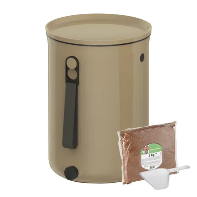 Produktbild von Skaza Bokashi Organko 2 | Preisgekrönter Küchenkompostbehälter aus recyceltem Kunststoff | 9.6 L | Starter Set für Küchenabfälle und Kompostierung | mit EM Bestreuung 1 kg | Braun-Beige