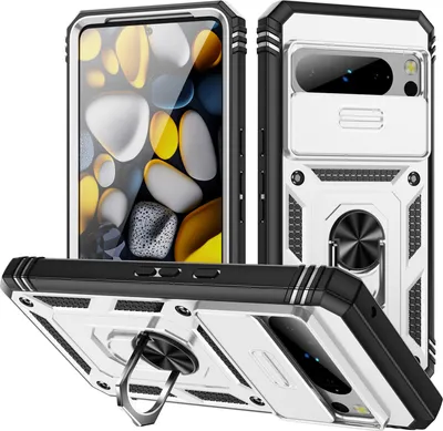 Produktbild von Google Pixel 8 Pro Hülle, Schiebe Kamera Schutz Stoßfest Schutzhülle mit Ringhalterung Ständer für Google Pixel 8 Pro Weiß