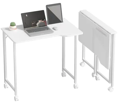 Produktbild von Schreibtisch, klappbarer Computertisch, platzsparender Bürotisch mit Rollen, Geräteschlitz, 80 x 52 x 75 cm, Weiß
