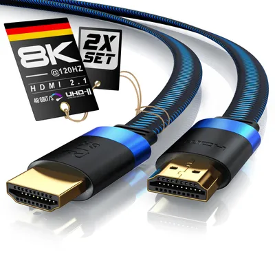 Immagine prodotto di Set di 2 cavi HDMI Primewire 2.1, lunghezza 1 metro, velocità ultra elevata, supporto 8K a 120 Hz con DSC, eARC e HDR10 Plus, connettori placcati in oro, cavi per monitor, 2 pezzi, colore nero e blu