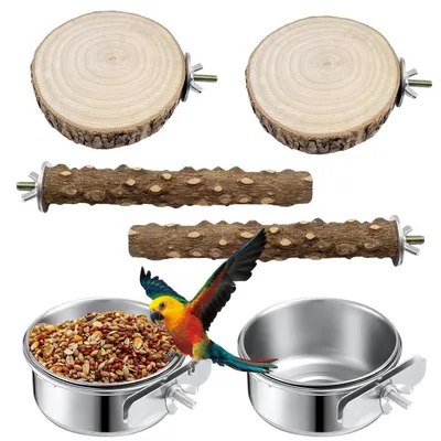 Produktbild von Vogelzubehör Set 6 Stück: Edelstahl Futterschale, Holzständer, Plattform für Sittiche, Nymphensittiche, Kanarienvögel