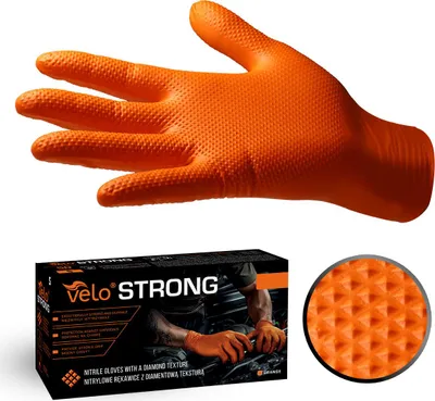Obrázok produktu pre VELO STRONG GRIP Pevné nitrilové pracovné rukavice s pevným úchopom, veľ.S, oranžové, 50ks