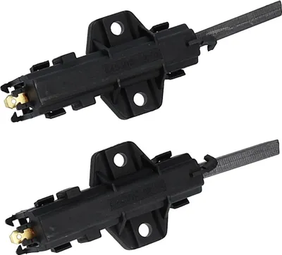 Two black carbon brush holders with graphite brushes, likely for a washing machine motor.