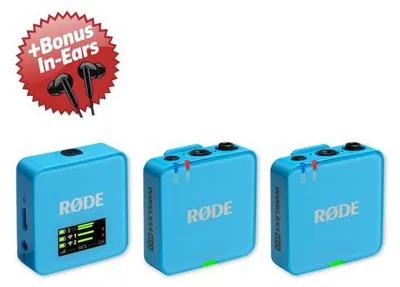 Zdjęcie produktu dla System mikrofonów bezprzewodowych Rode Wireless GO Gen 3 w kolorze niebieskim + słuchawki douszne w prezencie