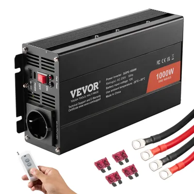 Produktbild von VEVOR Wechselrichter mit reiner Sinuswelle 1000W DC 12V AC 230V Spannungswandler mit 2 AC-Steckdosen 2 USB-Anschlüssen 1 Typ-C-Anschluss Fernbedienung für kleine Heimgeräte wie Smartphone-Laptop