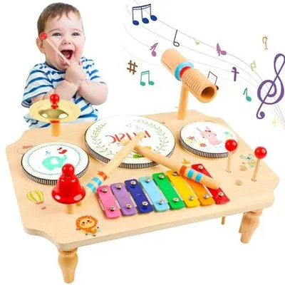 Zdjęcie produktu dla Stolik muzyczny dla dzieci - Instrumenty drewniane - Rozwój muzyczny - Zabawka 11 w 1 - 31 x 15 x 15 cm - Wielokolorowy