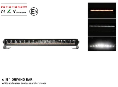 Immagine prodotto di Barra LED 4 in 1 di alta qualità da 55 cm (faro a LED) con luci diurne (DRL), luce di posizione bianca e lampeggiante di emergenza arancione, 80 W