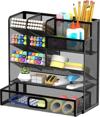 Produktbild von PolkaHome® Metall Stifthalter Schreibtisch Organizer mit Schublade, Mesh Büro Organizer für Stifte, Schrein, Büro- und