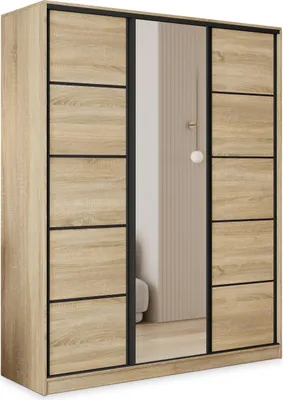 A three-door wardrobe with a mirrored center door and wood-effect panels.