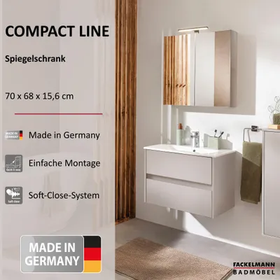 Produktbild von FACKELMANN COMPACT LINE Spiegelschrank 70 cm breit in Grau Modernes Design und praktische Features für Dein Badezimmer