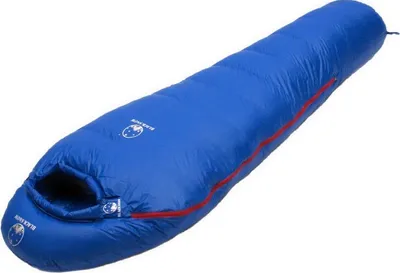 A blue sleeping bag is shown against a white background.