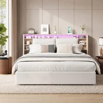 Produktbild von INONEFT Polsterbett 160 x 200 cm, Doppelbett mit LED-Leuchten , PolyurethanBetten mit Lattenrost, Hydraulisches Betten, Weiß